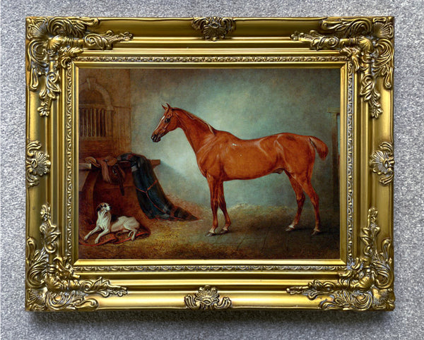 Fine Oleograph on Canvas - Chestnut Hunter in a Stall  with a Dog aft. Ferneley