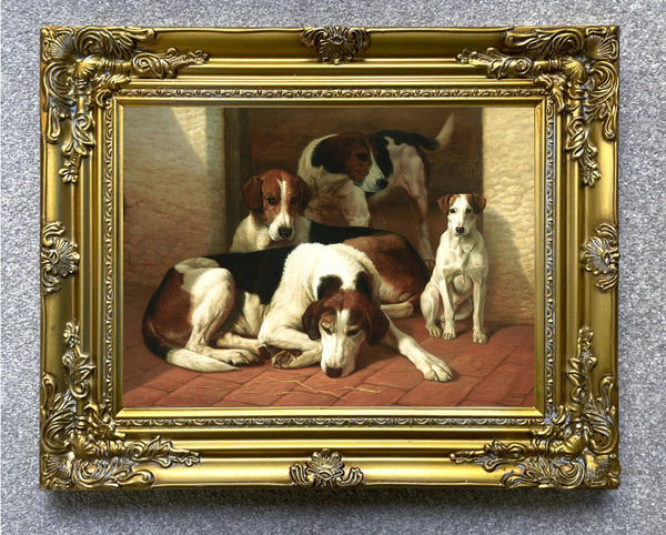 Gilt Framed Oleograph of Foxhounds in a Stable