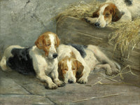 Gilt Framed Oleograph of Sleeping Foxhounds