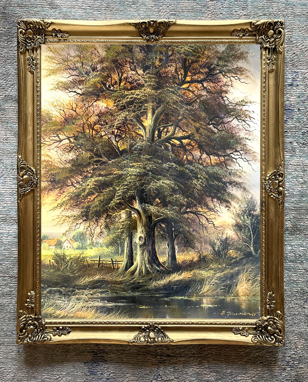 Excellent Mid C20th Vintage Oil on Canvas Board - Woodland Landscape with Cottages - Horst Baumgart SOLD