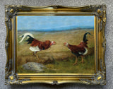 Gilt Framed Oleograph of Game Cocks in a Landscape