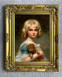 Fine Oleograph on Canvas - Portrait of a Girl with a Teddy Bear