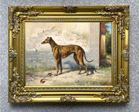 Gilt Framed Oleograph of an Greyhound by a Stable