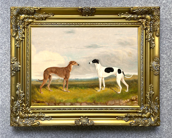 Fine Oleograph on Canvas - 2 Greyhounds in a Moorland Landscape