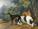 Gilt Framed Oleograph of 2 Greyhounds & a Mastiff in a Landscape