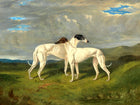 Framed Oleograph of  a pair of Greyhounds in a Moorland Landscape