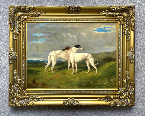 Framed Oleograph of  a pair of Greyhounds in a Moorland Landscape