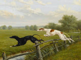 Excellent Oleograph on Canvas of Greyhounds leaping a Fence