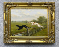 Excellent Oleograph on Canvas of Greyhounds leaping a Fence