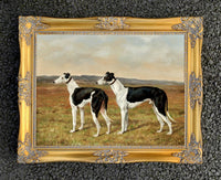 Gilt Framed Oleograph of a Pair of Black & White Greyhounds