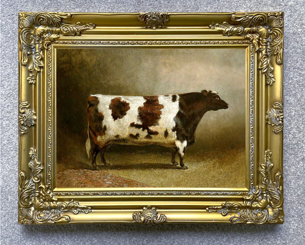 Fine Oleograph on Canvas of a Prize Heifer in a Yard