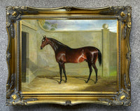 Fine Large Oleograph on Canvas - Bay Horse in a Stable Yard