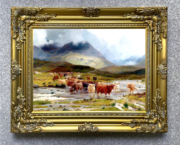 Fine Oleograph on Canvas of Highland Cattle crossing a Stream