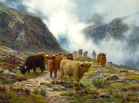 Fine Oleograph on Canvas of Highland Cattle in the Mountains