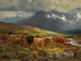 Gilt Framed Angling Oleograph Highland Cattle in a Glen