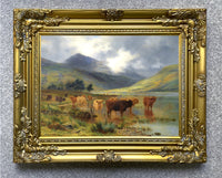 Fine Oleograph on Canvas of Highland Cattle watering by a Loch