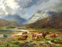 Fine Oleograph on Canvas of a Herd of Highland Cattle by a Loch