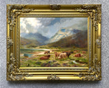 Fine Oleograph on Canvas of a Herd of Highland Cattle by a Loch