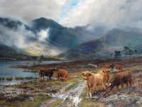 Fine Oleograph on Canvas of a Herd of Highland Cattle by a Loch "after the shower"