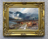 Fine Oleograph on Canvas of a Herd of Highland Cattle by a Loch "after the shower"