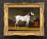 Oleograph on Canvas of a Grey Horse in a Stable