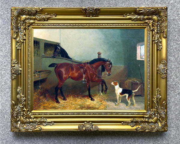 Oleograph on Canvas of Horses & a Dog in a Stable