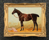 Fine Lithograph on Stretched Canvas of a Bay Horse in the Stable with Saddlecloth