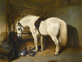 Fine Oleograph of a White Horse & Ducks in a Stable