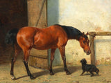 Fine Oleograph on Canvas of a Horse & Dog by a Stable