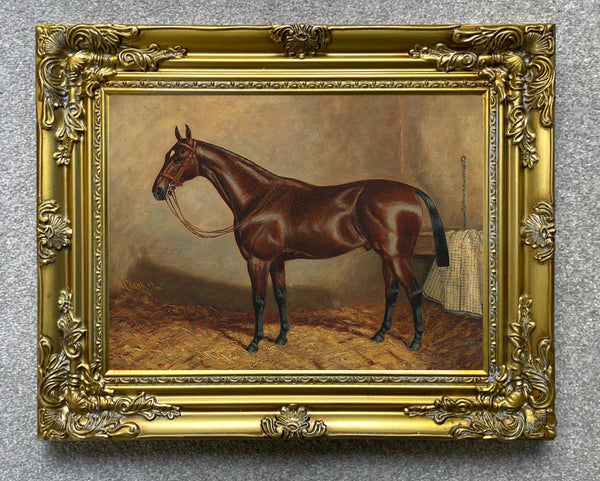 Oleograph on Canvas of a Racehorse in a Stable