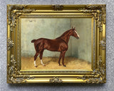 Excellent Oleograph on Canvas - Portrait of a Chestnut Horse in a Stable