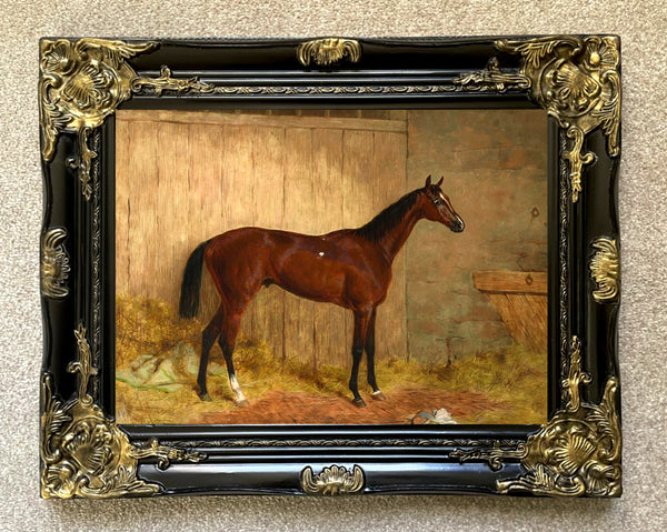 Superb Oleograph on Canvas - Racehorse in a Stable