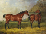 Fine Oleograph on Canvas of 2 Bay Horses in a  Rural Landscape