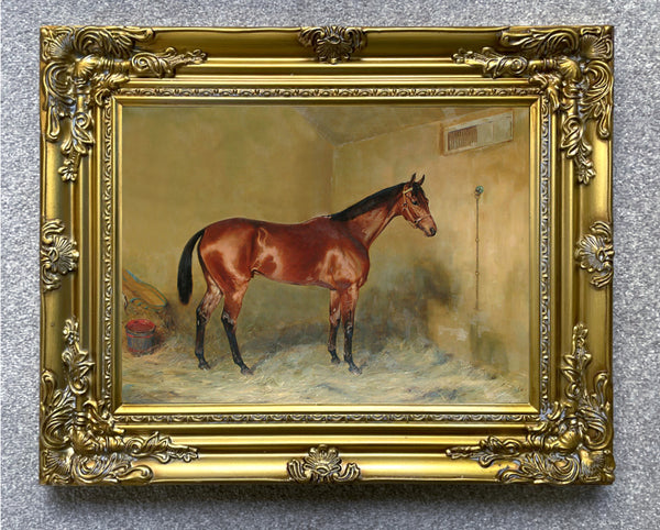 Fine Oleograph on Canvas - Bay Horse in a Stable