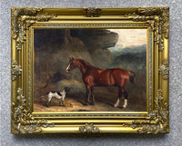 Fine Lithograph on Stretched Canvas of a Bay Hunter with a Pointer in an Extensive Landscape