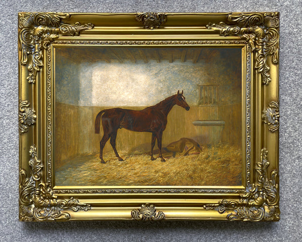 Fine Oleograph on Canvas of a Bay Racehorse in a Loose Box