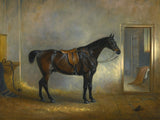 Fine Oleograph on Canvas of a Bay Hunter saddled in Stables