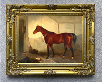 Fine Lithograph on Stretched Canvas of a Horse & Small Dog in a Stable