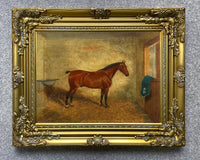 Fine Oleograph on Canvas - Sir George, standing chesnut in stables aft. Albert Clark