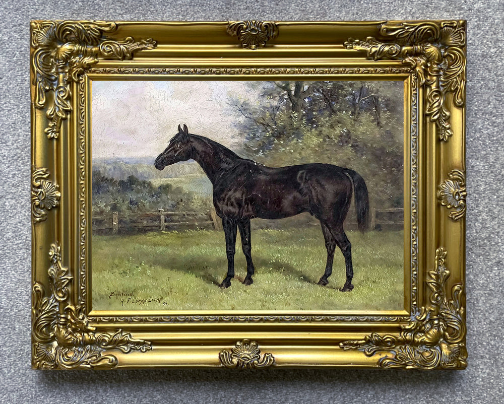 Fine Oleograph on Canvas of Racehorse "Sentinel" in a Rural Landscape