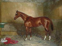 Fine Oleograph on Canvas of a Chestnut Racehorse in a Stable