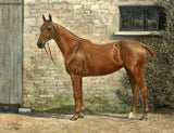 Fine Oleograph on Canvas of a Chestnut Hunter in a Yard