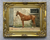 Fine Oleograph on Canvas of a Chestnut Hunter in a Yard