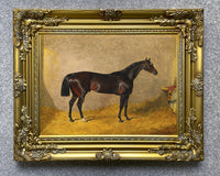 Fine Lithograph on Canvas - A Dark Bay Racehorse in a Stall