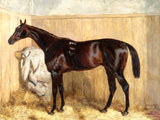 Fine Oleograph on Canvas - A Dark Bay Racehorse in a Stable