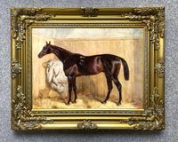 Fine Oleograph on Canvas - A Dark Bay Racehorse in a Stable