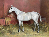 Fine Oleograph on Canvas of a Flea Bitten Grey Thoroughbred Horse in a Stable