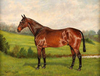 Fine Oleograph on Canvas of a Bay Thoroughbred in a Rural Landscape