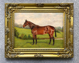 Fine Oleograph on Canvas of a Bay Thoroughbred in a Rural Landscape