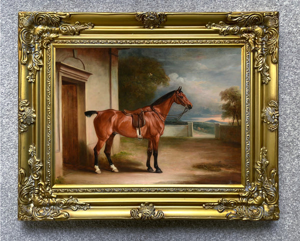 Fine Oleograph on Canvas of a Bay Hunter saddled in a Yard